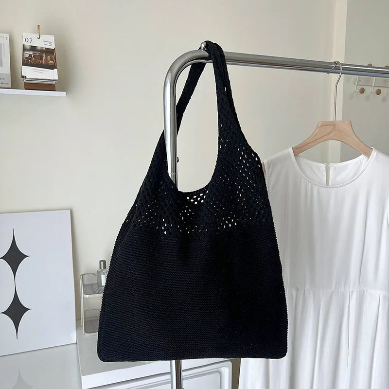 Hollow Knit Shoulder Tote Bag for Women – Large Capacity