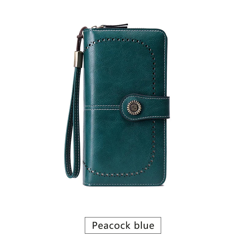 RFID Blocking Women's Trifold Long Wallet – Large Capacity Retro Leather Clutch