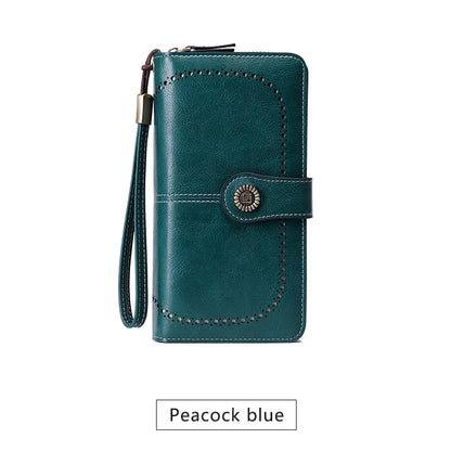 RFID Blocking Women's Trifold Long Wallet – Large Capacity Retro Leather Clutch