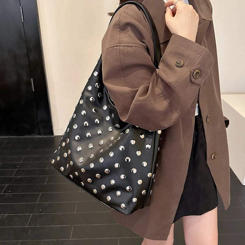 Moods Slouchy Studded Tote Bag Set Women Biker Style Rivets Decor 2-In-1 Large Capacity Underarm
