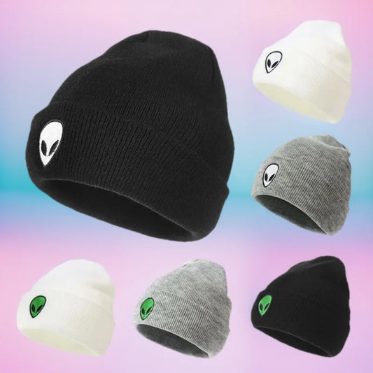 Skull Embroidery Knit Beanie – Alien Ghost Winter Hat