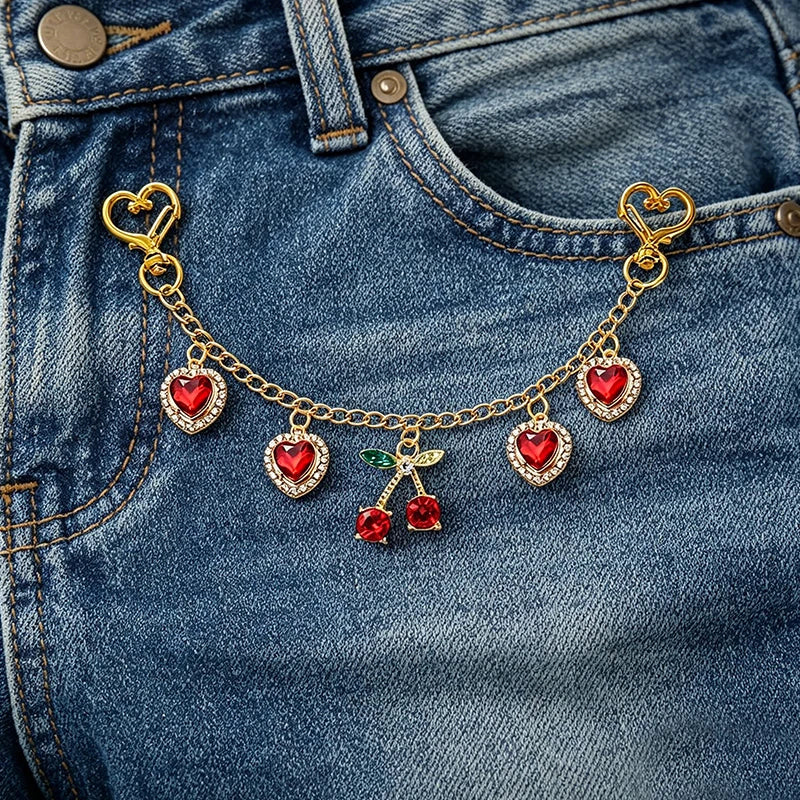 Cherry & Heart Bag Charm – Glass Stone Chain Jewelry Pendant