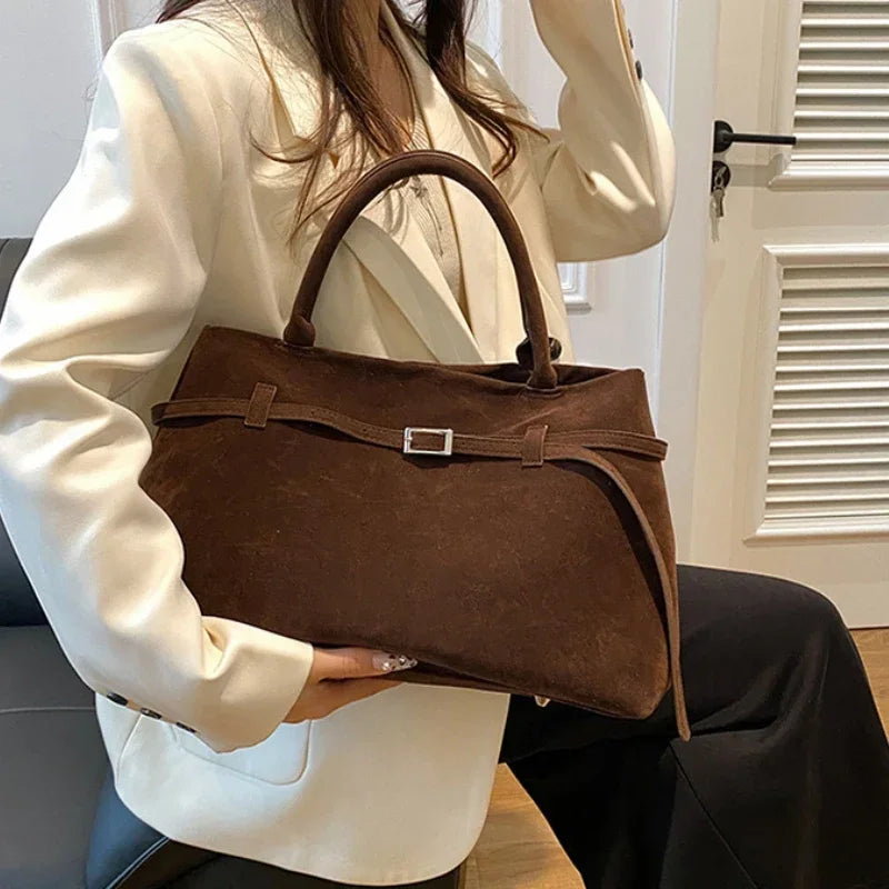 Faux Suede Tote Bag Large Capacity Buckle Handbag for Women