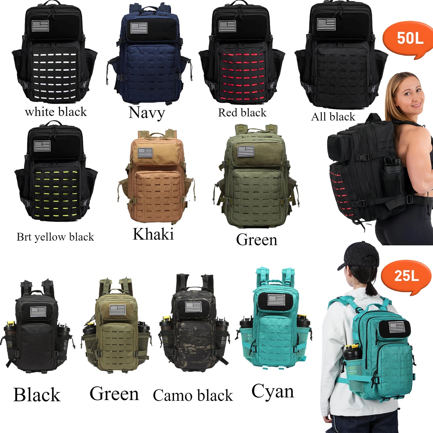 Tactical Backpack 25L/50L MOLLE Hiking Rucksack with Bottle Holders