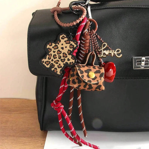 Leopard Print Bear Bag Charm Keychain with Wrist Strap