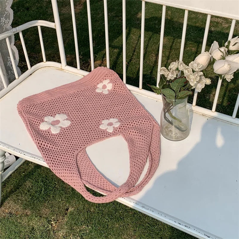 Flower Knit Hollow Tote Bag – Large Capacity Crochet Shoulder Bag for Women