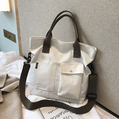 Canvas Bags Students Handbag Shoulder Bag Large Capacity Solid Color Totes Shopper Casual Female