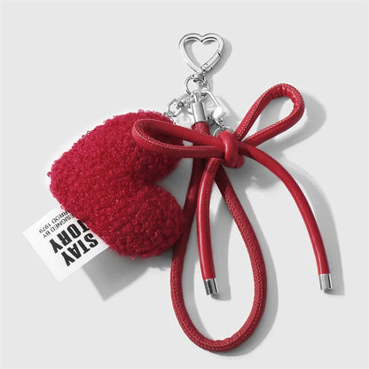 Plush Heart Keychain Bag Charm with Bow & Wrist Lanyard
