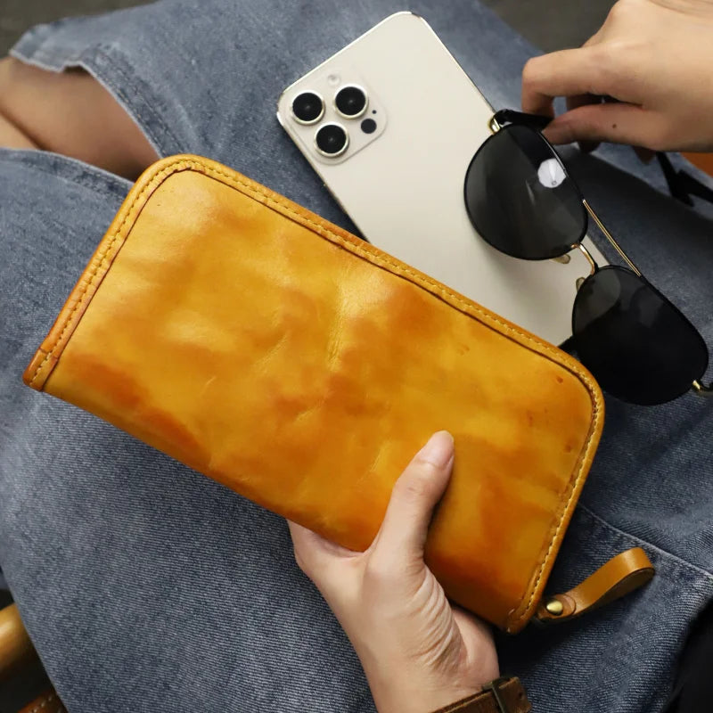 Genuine Leather Long Wallet – Vintage Zipper Clutch for Men & Women