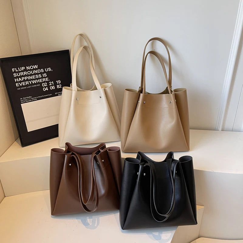 Moods Soft Pu Leather Pure Color Tote Bags Women Casual Street Large Capacity Shopper Shoulder