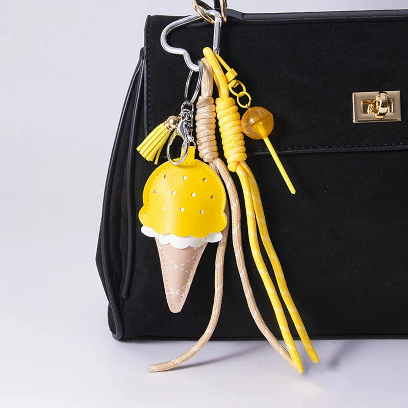 Ice Cream Cone Keychain Bag Charm with Woven Rope Tassel