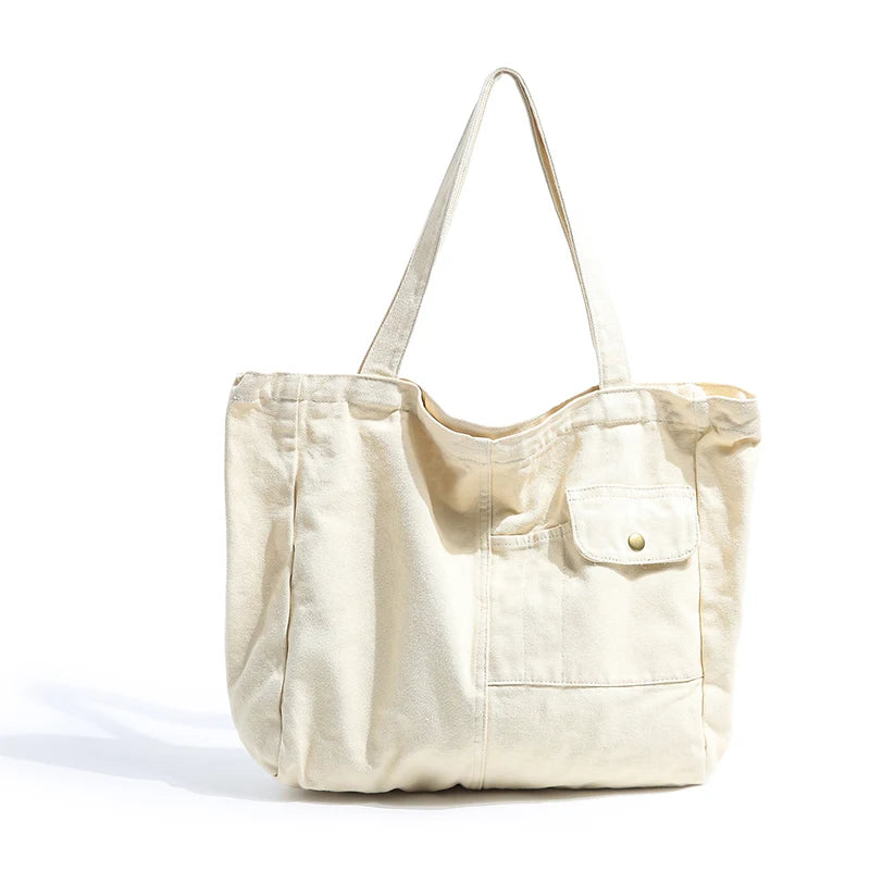 Large Canvas Tote Bag – Multi-Pocket Shoulder Bag for School & Travel
