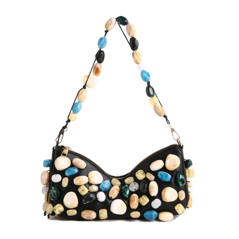 Stone-Embellished Evening Clutch Bag for Women – Baguette Shoulder Handbag