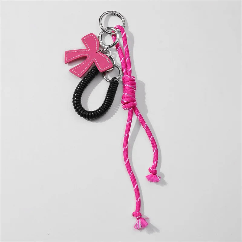 Bow Leather Charm Keychain with Braided Rope – Cute Bag Accessory