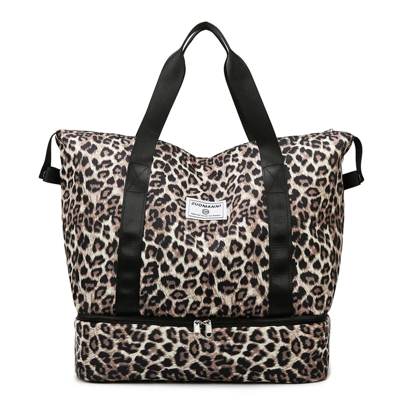 Leopard Print Travel Tote Bag with Bottom Compartment