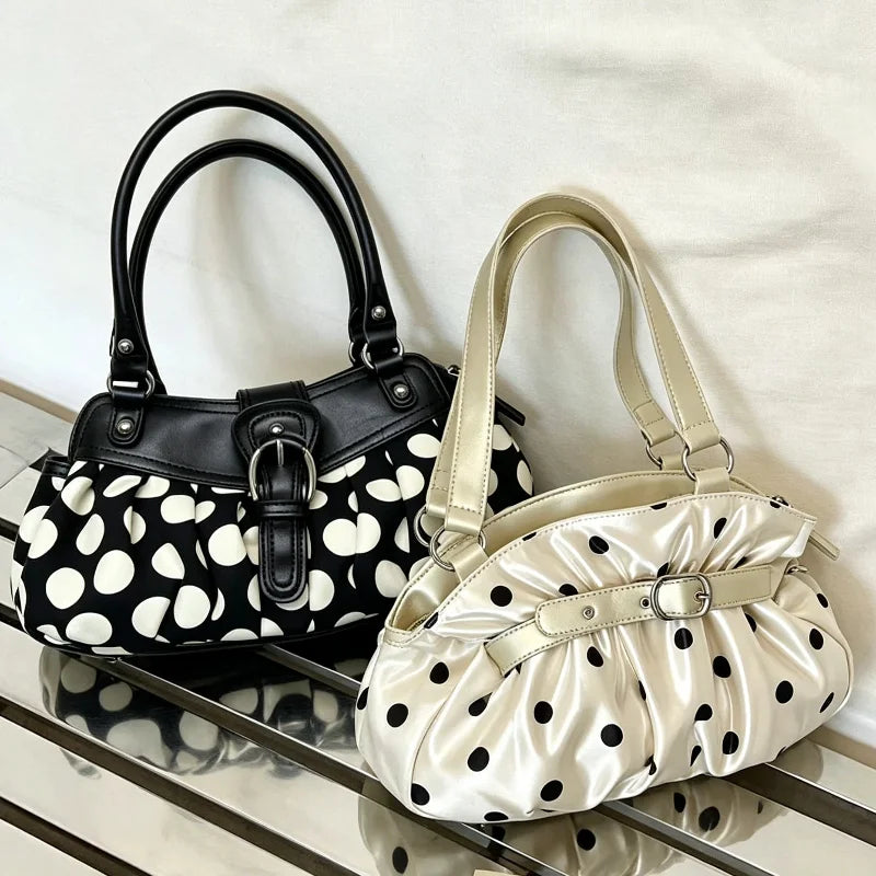 Y2K Polka Dot Shoulder Bag – Retro Satin Tote Handbag