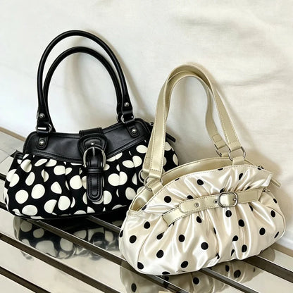 Y2K Polka Dot Shoulder Bag – Retro Satin Tote Handbag