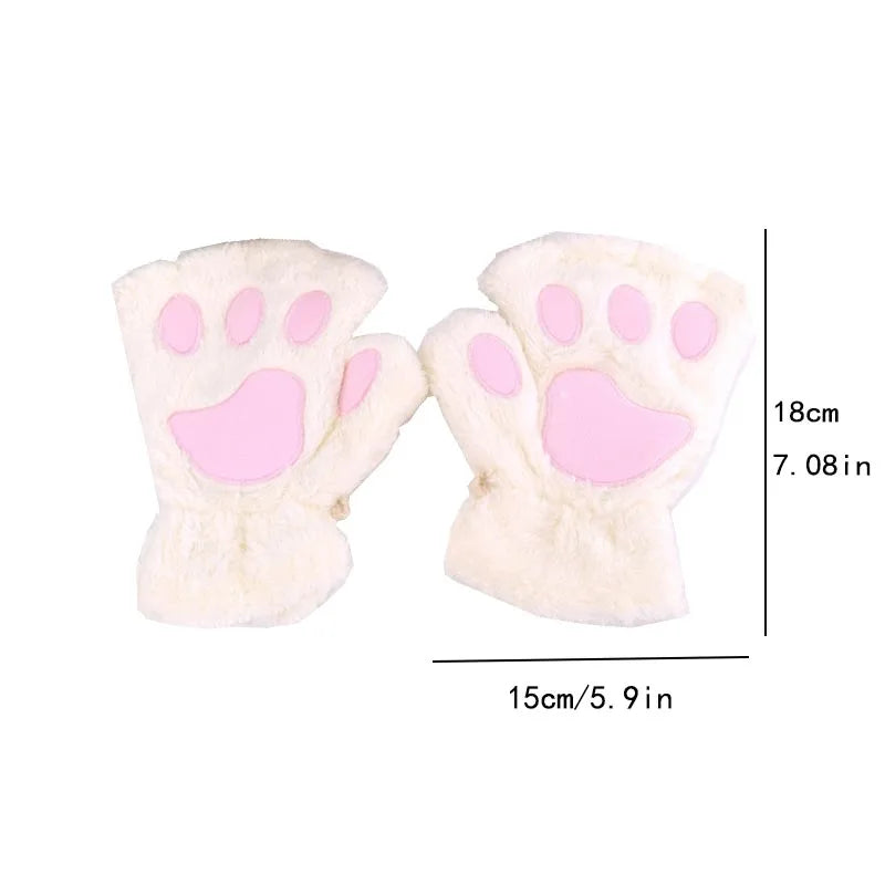 Cat Paw Fingerless Gloves – Cute Fluffy Winter Mittens for Women & Girls