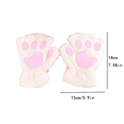 Cat Paw Fingerless Gloves – Cute Fluffy Winter Mittens for Women & Girls