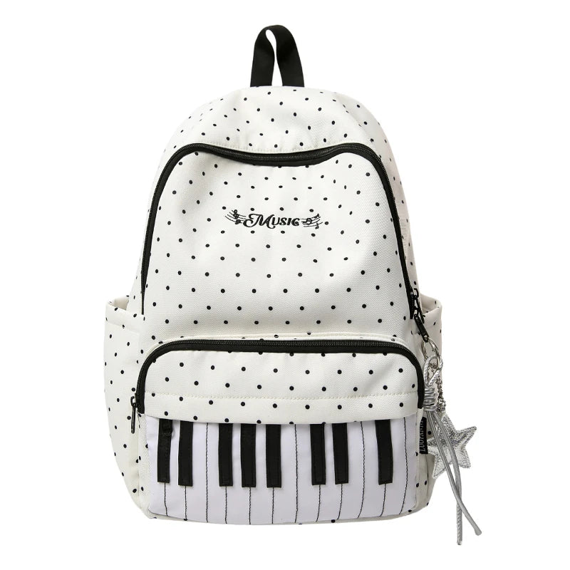 Cute Piano Key Print Backpack Women Polka Dot Music Theme School Bag Stylish Star Charm Student