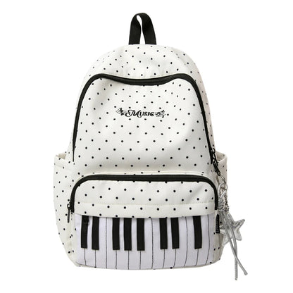 Cute Piano Key Print Backpack Women Polka Dot Music Theme School Bag Stylish Star Charm Student