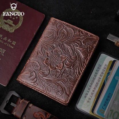 Handmade Floral Embossed Leather Card Wallet & Coin Pouch
