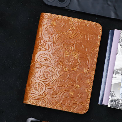 Leather Passport Wallet – Floral Embossed Genuine Cow Leather Travel Cover