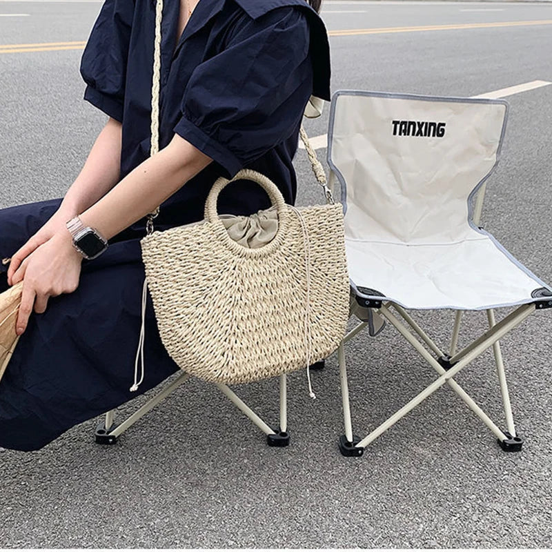 Straw Bucket Bag for Women – Handwoven Round Handle Beach Tote