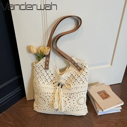 Women's Crochet Tote Bag – Boho Beach Shoulder Bag with Tassel