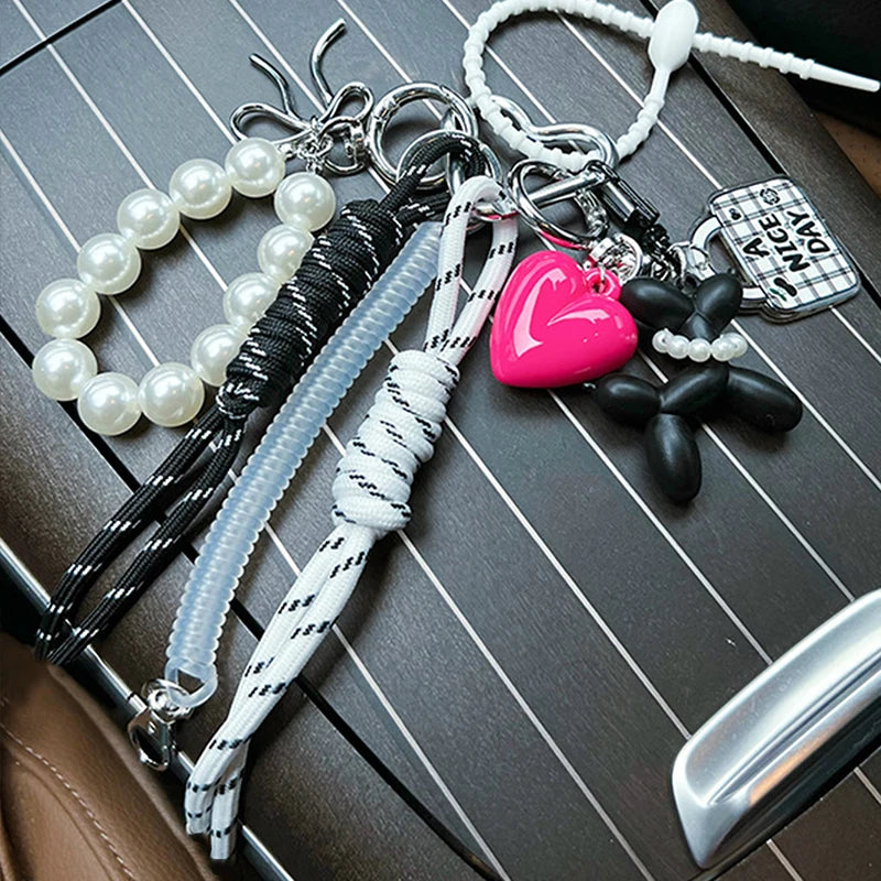 Pearl Charm Keychain with Sports & Heart Pendants – Korean Style