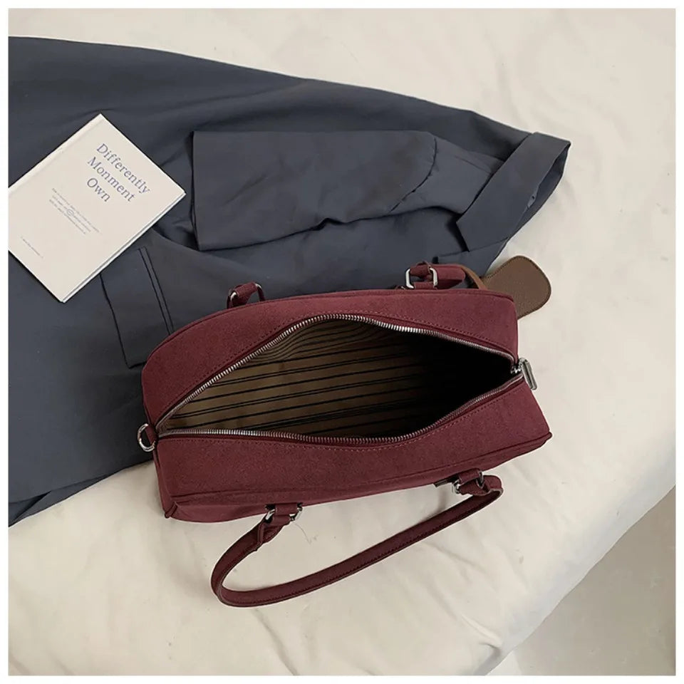 Large Suede Bowling Bag with Long Strap for Women