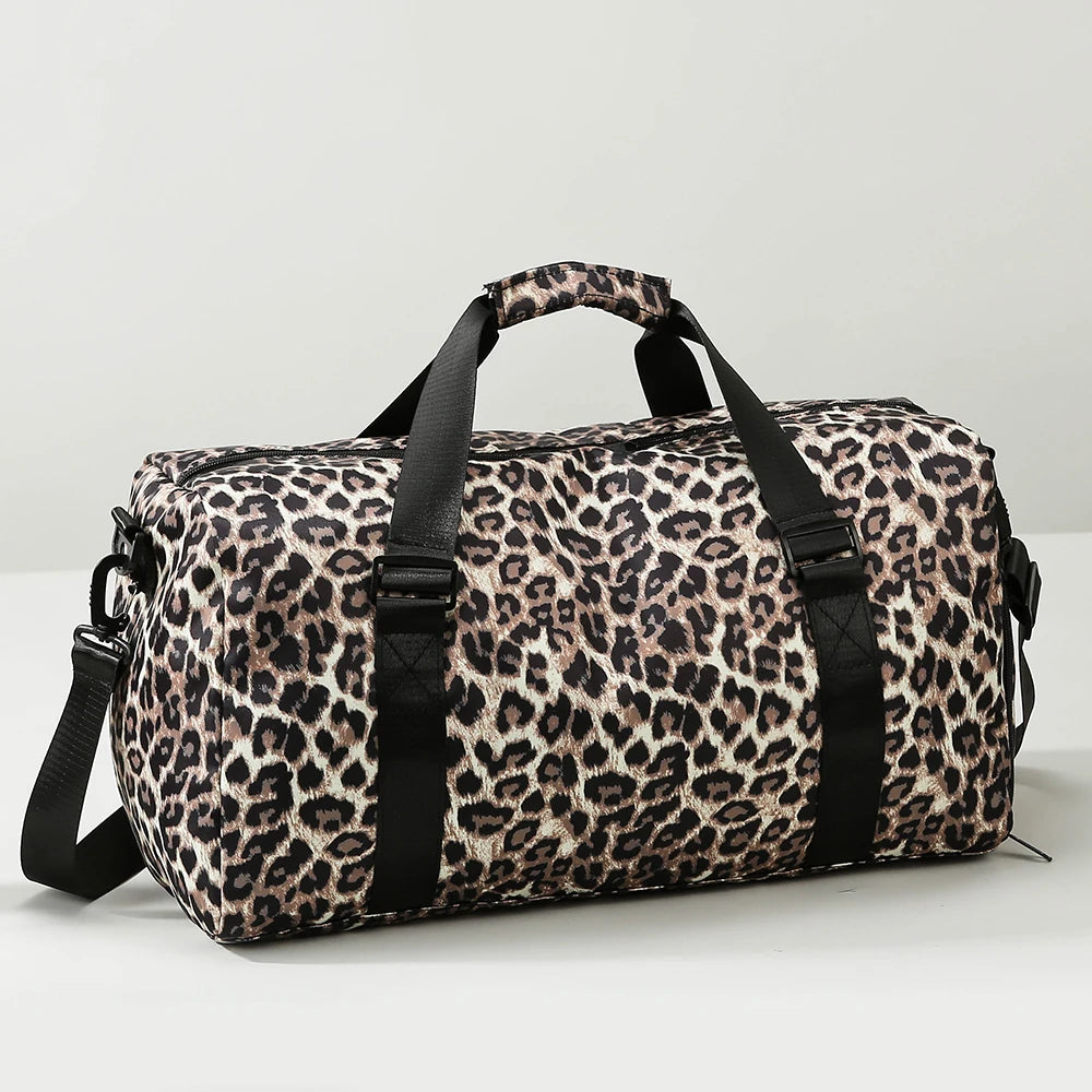 Leopard Print Women's Gym Duffle Bag with Shoe Compartment