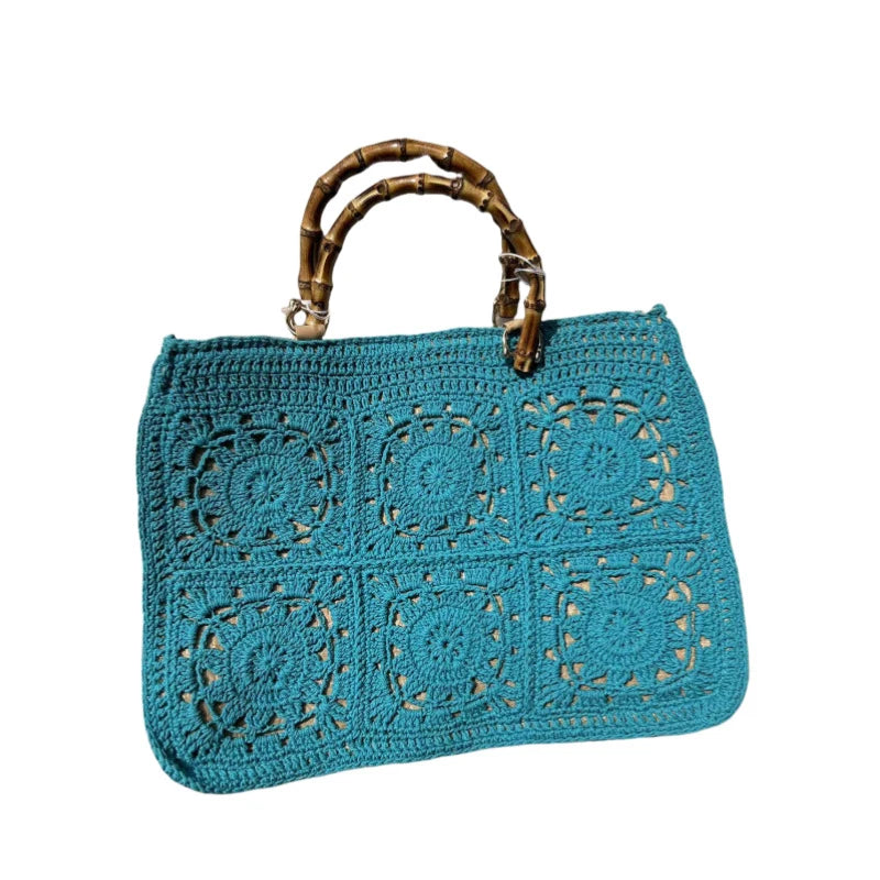 Vintage Bamboon Handle Women Handbags Crochet Large Capacity Tote Bag Handmade Woven Hollow Beach