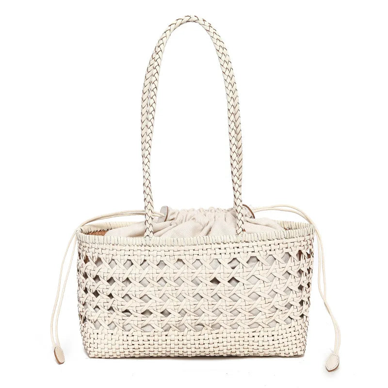 Handmade Woven Leather Tote Bag – Hollow Drawstring Shoulder Bag