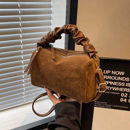 Suede Pillow Shoulder Bag with Ruched Handle for Women