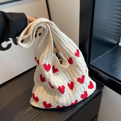 Knitted Heart Pattern Tote Bag Large Capacity for Women