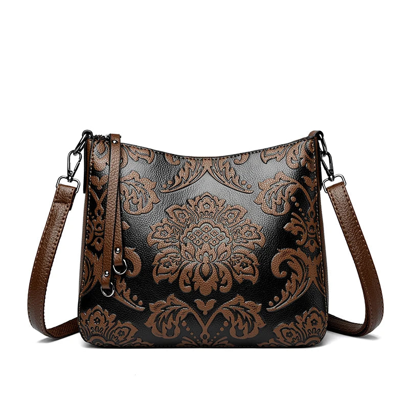Retro Floral Embossed PU Leather Crossbody Bag for Women