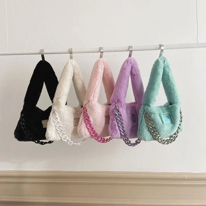 Soft Plush Shoulder Bags Women 2022 Winter Luxury Designer Handbag Thick Chain Fluffy Hand Warmers