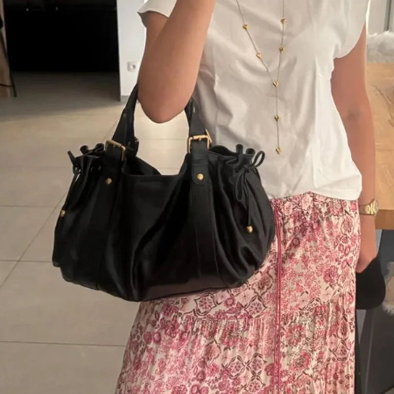 Large Capacity Leather Boston Bag – Women's Luxury Soft Crumpled Shoulder & Crossbody Handbag