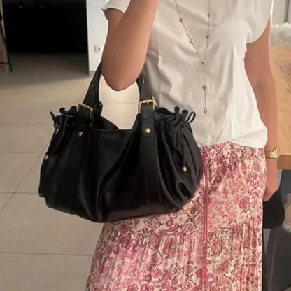 Large Capacity Leather Boston Bag – Women's Luxury Soft Crumpled Shoulder & Crossbody Handbag