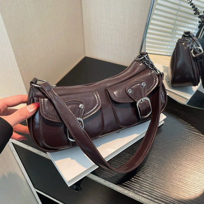 Women's Retro Leather Shoulder Bag with Buckle Detail