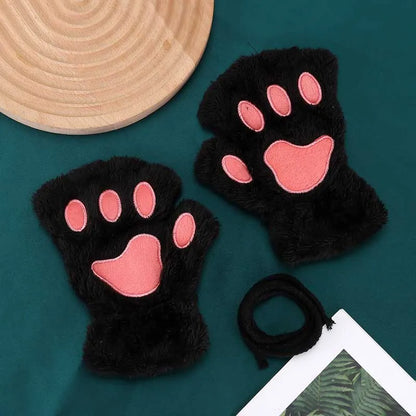 Cat Paw Fingerless Gloves – Cute Fluffy Winter Mittens for Women & Girls