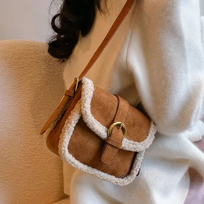 Suede Sherpa Crossbody Bag – Women's Plush Saddle Handbag