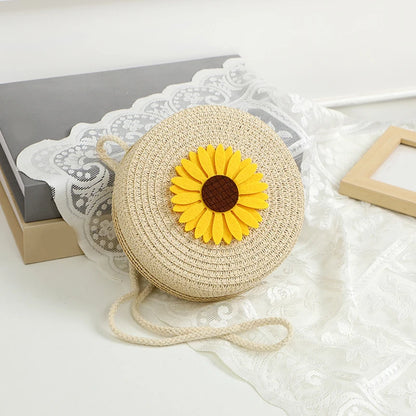 Sunflower Round Straw Crossbody Bag for Women