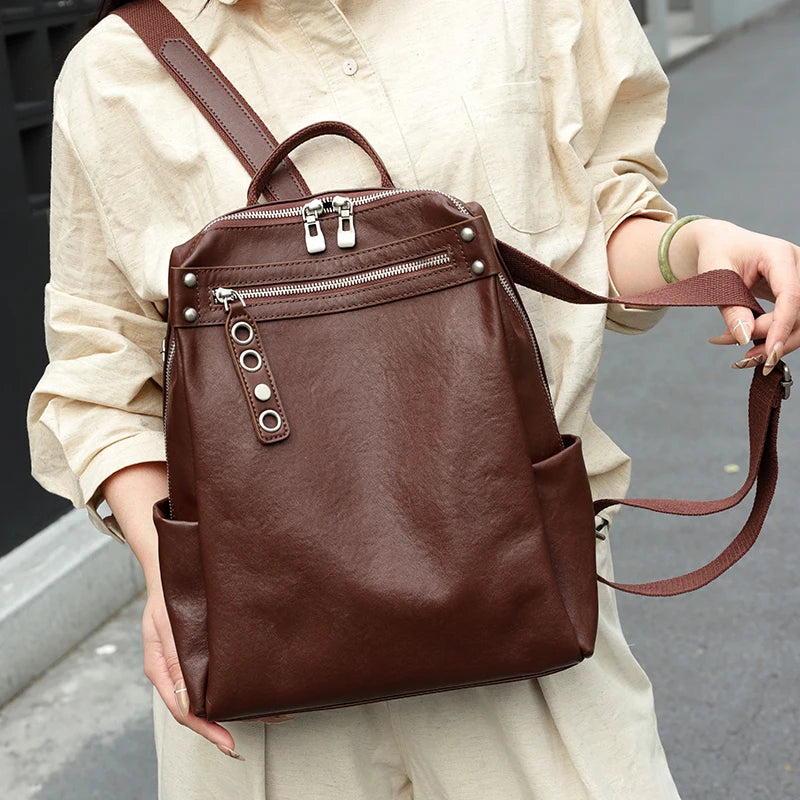 Genuine Cowhide Leather Backpack for Women – Large Capacity Retro Design