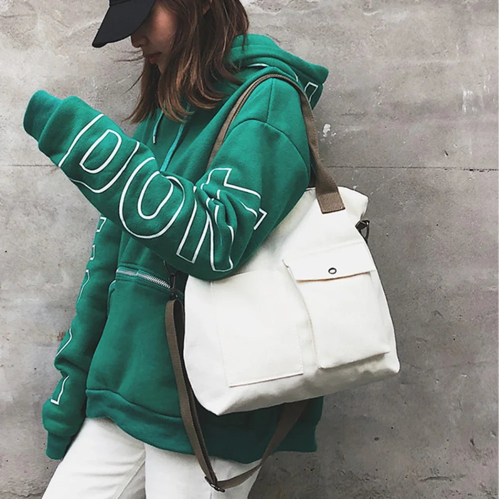 Canvas Bags Students Handbag Shoulder Bag Large Capacity Solid Color Totes Shopper Casual Female