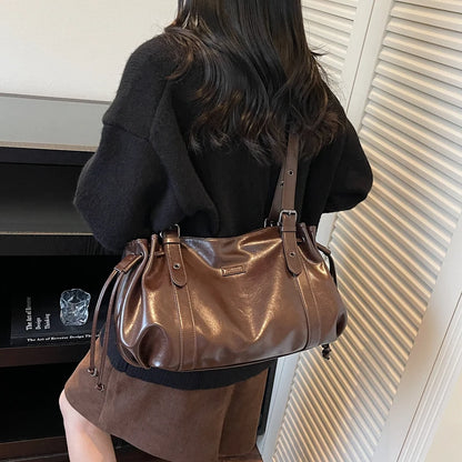 Moods Practical Big Shoulder Hobo Bags Women Soft Vegan Leather Drawstring Large Capacity Shopper