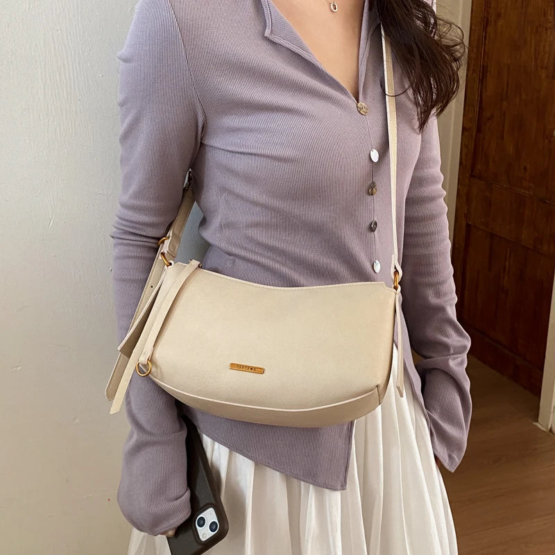 Moods Half-Moon Crossbody Bags Women Soft Vegan Leather Solid Color Underarm Shoulder Hobo Bag