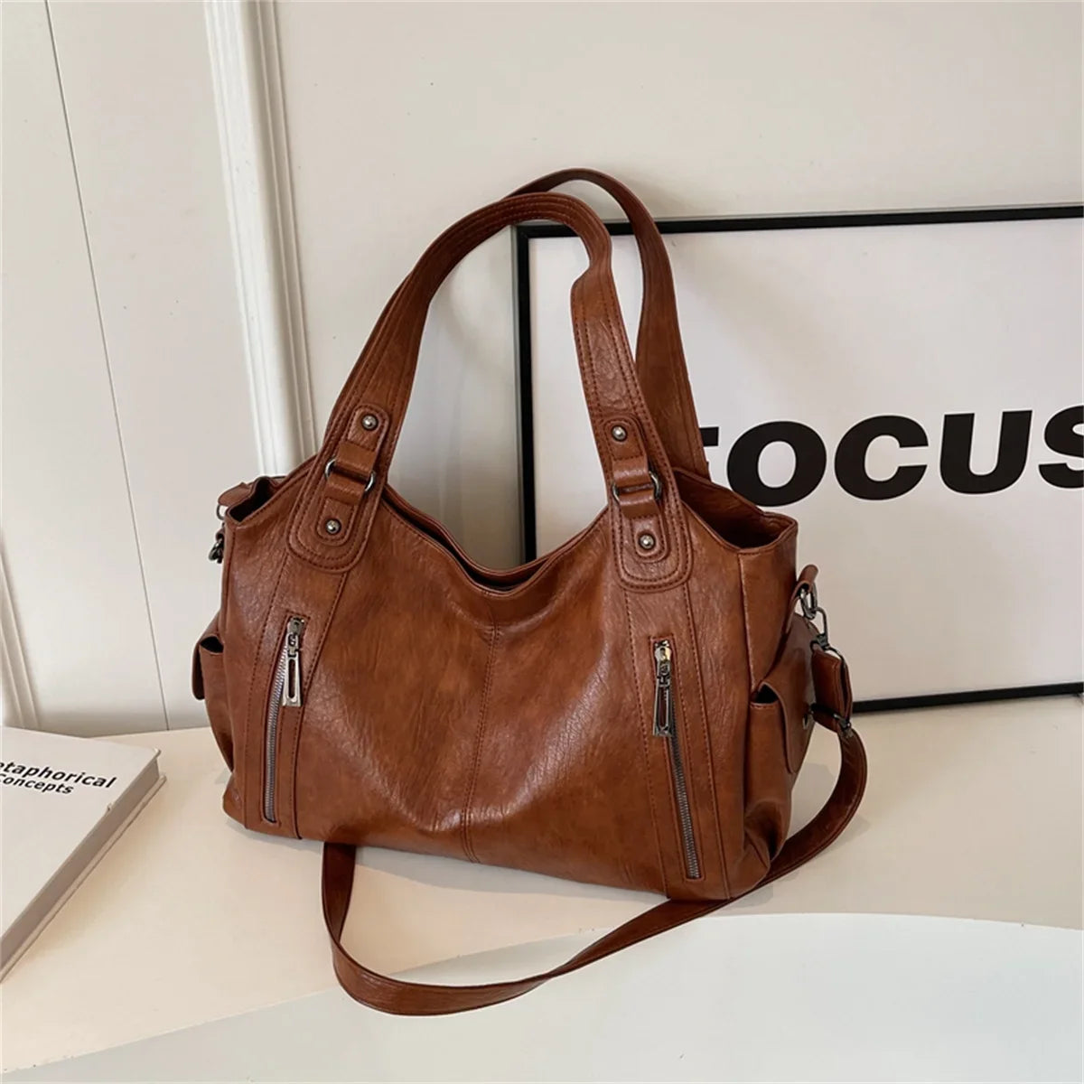 Women's Vintage Leather Tote Bag – Large Capacity Multi-Pocket Shoulder Bag