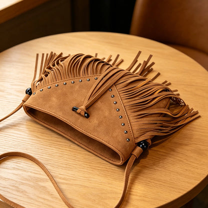 Boho Tassel Crossbody Bag for Women – Studded Fringe Shoulder Bag